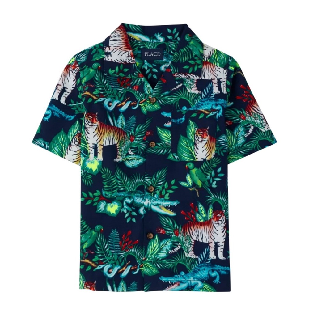 The Children's Place Button Up Kid 4T Blue Jungle Animal Poplin Shirt Safari Zoo